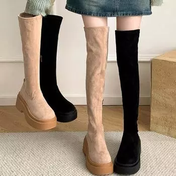 Женские сапоги выше колена, модные, слипоны, длинные, эластичные, осенне-зимние, на платформе, на плоской подошве, женская обувь 35