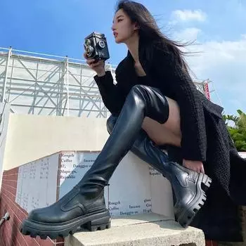 Женские сапоги выше колена, мотоциклетные сапоги на платформе «Челси», зимние гладиаторские сапоги 2024 года из искусственной кожи на высоком каблуке 35
