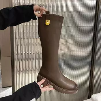 Женские сапоги выше колена на молнии с круглым носком, сабо на платформе, женская роскошная дизайнерская зимняя обувь выше колена, средняя осень 35