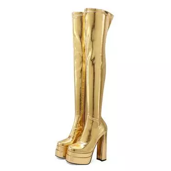 Женские сапоги выше колена на очень высоком каблуке, золотисто-серебристые, на толстой платформе, массивные, длинные, в готическом стиле, металлические, зеленые, цвета фуксии 34