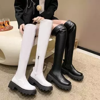 Женские сапоги выше колена на толстой подошве, высокие сапоги до бедра, зима 2024, новые женские длинные сапоги на платформе и толстом каблуке, женская осенняя обувь 35 чёрный
