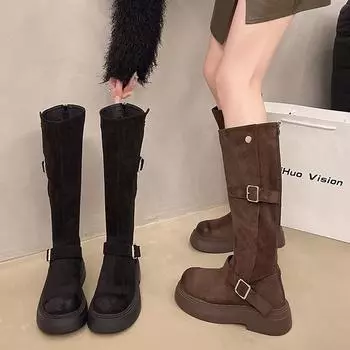 Женские сапоги выше колена, осенне-зимняя обувь с круглым носком, женские сапоги из флока в стиле ретро, женские сапоги на платформе, винтажные, длинные, женские, боты 35 чёрный