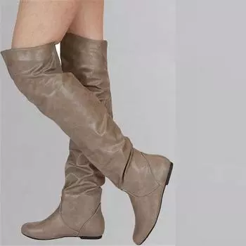 Женские сапоги выше колена с круглым носком на плоской подошве, плиссированные эластичные длинные сапоги, женская модная обувь, осень-зима, черный, хаки-коричневый 34 чёрный