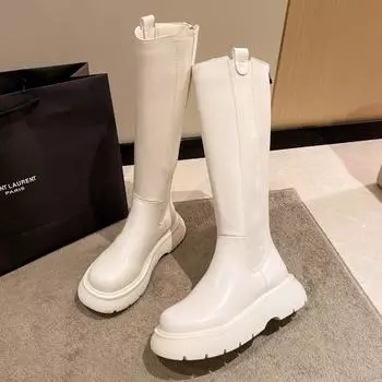 Женские сапоги выше колена Женские туфли Сабо женские Сабо на платформе с застежкой-молнией Зимняя обувь Плоский каблук Круглый носок Выше колена женские белые 35