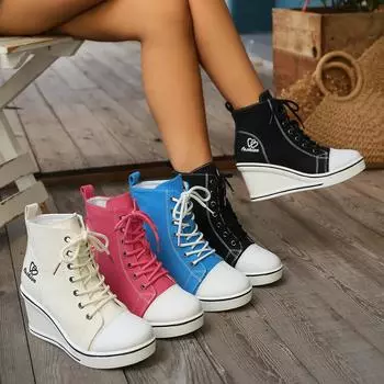 Женские сапоги, высокие парусиновые ботинки на танкетке и платформе, женские джинсовые туфли, новые удобные парусиновые туфли на шнуровке для женщин Botas De Mujer 35 бежевый