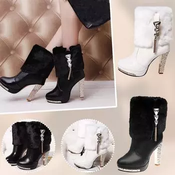 Женские сапоги. Женские сапоги на высоком толстом каблуке. Плюшевые короткие сапоги со стразами. 41 чёрный
