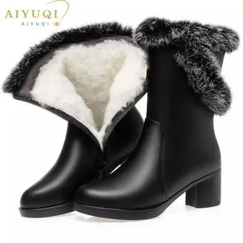 Женские сапоги, зимнее платье, женские полусапоги из натуральной кожи на высоком каблуке, зимние сапоги из шерсти кролика, женские сапоги 35