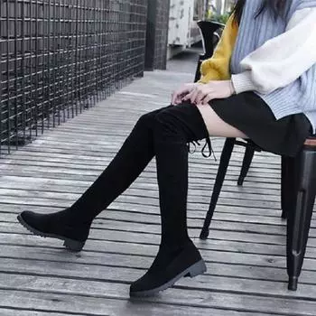 Женские сапоги зимние черные выше колена сапоги удобные на шнуровке туфли на высоком толстом каблуке модные теплые замшевые сапоги с круглым носком 35 чёрный