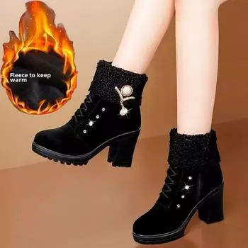 Женские сапоги зимние дизайнерские туфли на высоком каблуке для женщин новые короткие плюшевые высокие ботильоны на платформе элегантные 35 чёрный