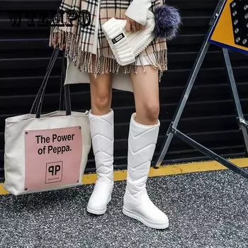 Женские сапоги, зимние сапоги до бедра, зимняя обувь, сапоги до колена на платформе, массивные ботинки, кожаные сапоги на меху, большие размеры 34–43