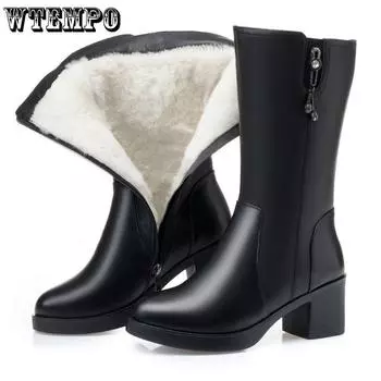 Женские сапоги Зимние теплые мягкие кожаные женские сапоги на высоком каблуке Плюшевые сапоги до середины голени с застежкой-молнией и круглым носком 35