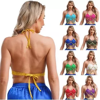 Женские сценические костюмы для ночных клубов, музыкальных вечеринок, испанских танцев, укороченный топ для танца живота, топ с бюстгальтером на шее и кисточками One Size чёрный/золотой