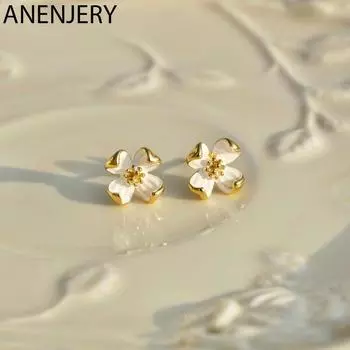 Женские серьги ANENJERY, серьги-гвоздики с цветком белой груши, женские милые и изысканные маленькие серьги золотой