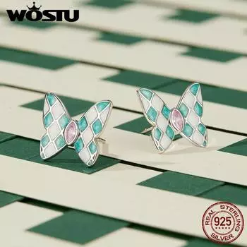 Женские серьги-бабочки WOSTU из стерлингового серебра 925 пробы с нежным ромбовидным узором, ювелирные украшения 925 silver
