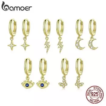 Женские серьги BAMOER из стерлингового серебра 925 пробы с позолотой, 1 пара блестящих циркониевых серег с луной, звездой, глазом демона, бабочкой и молнией, пряжка для женщин, изящные ювелирные изделия E