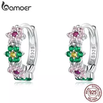 Женские серьги BAMOER из стерлингового серебра 925 пробы с нежным блестящим розовым цирконом и цветами, модные ювелирные изделия 925 silver