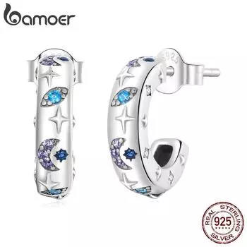 Женские серьги BAMOER из стерлингового серебра 925 пробы, изысканные серьги со звездами, луной и демоническим глазом, ювелирные изделия, серьги для пирсинга из 100% серебра, подарок