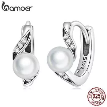 Женские серьги BAMOER из стерлингового серебра 925 пробы с жемчугом, пряжки для ушей, циркониевые геометрические серьги для женщин, ювелирные изделия на день рождения 925 silver