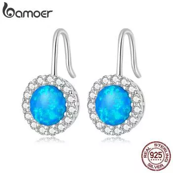 Женские серьги BAMOER из стерлингового серебра 925 пробы с синим опалом, свадебный подарок, крючки для ушей с блестящими камнями