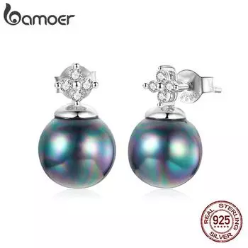 Женские серьги BAMOER из стерлингового серебра 925 пробы с блестящими ослепительными шариками CZ, черные жемчужные серьги-ракушки для помолвки, ювелирные украшения 925 silver
