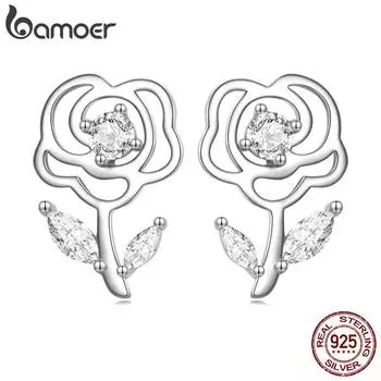 Женские серьги BAMOER из стерлингового серебра 925 пробы с блестящим кубическим цирконием, изысканные серьги с розами на день рождения, ювелирные изделия