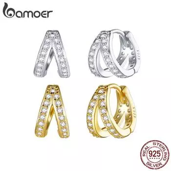 Женские серьги BAMOER из стерлингового серебра 925 пробы с двойным кругом, множество мини-серьг с фианитами, изящные ювелирные изделия