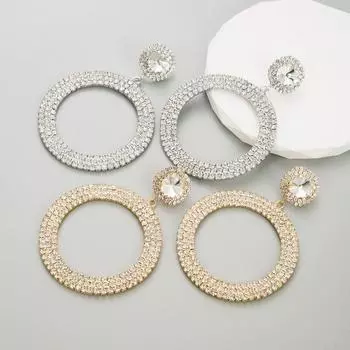 Женские серьги, большие круглые сетчатые длинные серьги-кольца с красными ветровыми стразами и атмосферой OneSize золотой