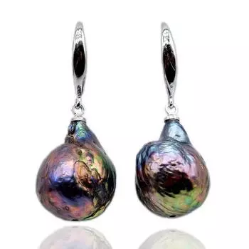 Женские серьги, черные большие серьги с жемчугом в стиле барокко, серебряные серьги, черные, синие жемчужные капли с каплями воды, простые серьги, бесплатная доставка Imitation Rhodium Plated