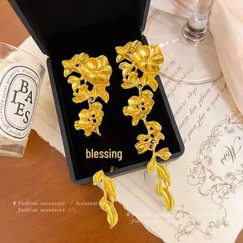 «Женские серьги-цветы с кисточками увеличенного размера — ретро-стиль из металла с иглой из серебра 925 пробы» золотой