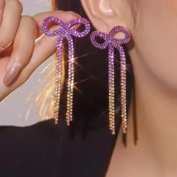 Женские серьги Длинные серьги с бахромой в форме банта Модные и блестящие серьги-гвоздики со стразами Свадебные серьги-гвоздики Свадебные аксессуары