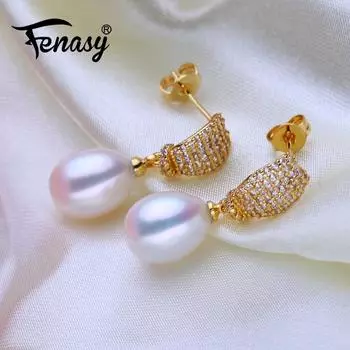 Женские серьги FENASY с натуральным пресноводным жемчугом, модные серьги-капли золотого цвета, свадебные украшения для помолвки белый
