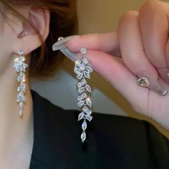 Женские серьги GemChic, изысканные серьги с листьями циркона, длинные серьги с кисточками, модные милые серьги, ювелирные изделия на день рождения, Рождество, подарок