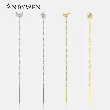 Женские серьги-гвоздики ANDYWEN из стерлингового серебра 925 пробы с золотой звездой и лунной нитью, крошечные модные длинные роскошные ювелирные изделия с кристаллами M