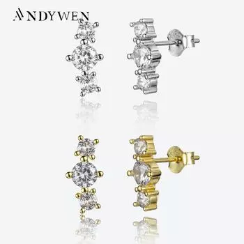 Женские серьги-гвоздики ANDYWEN из стерлингового серебра 925 пробы с тремя цирконами и CZ, роскошные ювелирные изделия 2023, классический новый дизайн для женщин, хрустальные драгоценности M