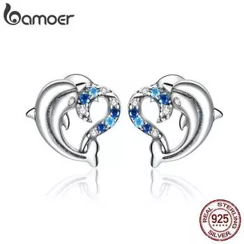 Женские серьги-гвоздики BAMOER Дельфин с сердечком из стерлингового серебра 925 пробы, элегантные свадебные украшения 925 silver