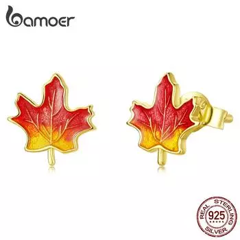 Женские серьги-гвоздики BAMOER из стерлингового серебра 925 пробы с яркой эмалью и кленовым листом, элегантные ювелирные изделия 925 silver