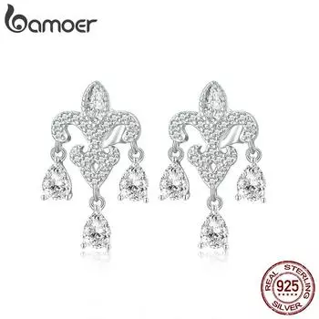 Женские серьги-гвоздики BAMOER из стерлингового серебра 925 пробы с цветком ириса, блестящие серьги-капли с цирконом, ювелирные украшения, подарок дружбы