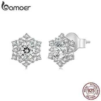 Женские серьги-гвоздики BAMOER из стерлингового серебра 925 пробы со снежинками и кубическим цирконием, подарок на годовщину, ювелирные украшения 925 silver