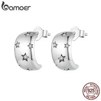 Женские серьги-гвоздики BAMOER из стерлингового серебра 925 пробы с полукругом и звездами, платиновые серьги с цирконием, изящные ювелирные изделия 925 silver