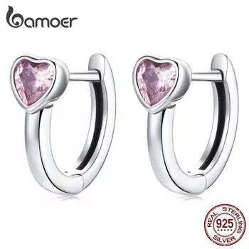 Женские серьги-гвоздики BAMOER из стерлингового серебра 925 пробы с розовыми фианитами в форме сердца, элегантные ювелирные изделия 925 silver