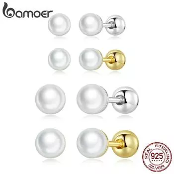 Женские серьги-гвоздики BAMOER из стерлингового серебра 925 пробы с жемчужными бусинами, модные мини-гвоздики, ювелирные изделия A