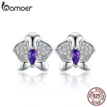 Женские серьги-гвоздики BAMOER из стерлингового серебра 925 пробы с цветком орхидеи и прозрачным цирконием CZ