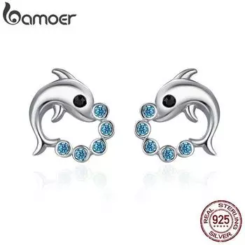 Женские серьги-гвоздики BAMOER из стерлингового серебра 925 пробы с милым дельфином Love Ball и животными