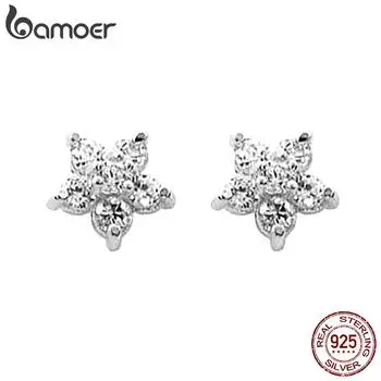 Женские серьги-гвоздики BAMOER из стерлингового серебра 925 пробы с пятиконечной звездой, блестящие мини-серьги с цветами, ювелирные украшения серебряный