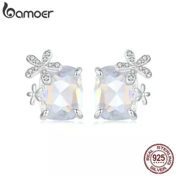 Женские серьги-гвоздики Bamoer из стерлингового серебра 925 пробы с радужными кристаллами и цветком, прямоугольные блестящие серьги-гвоздики с цирконами, пряжки для ушей, подарок на вечеринку SCE1724