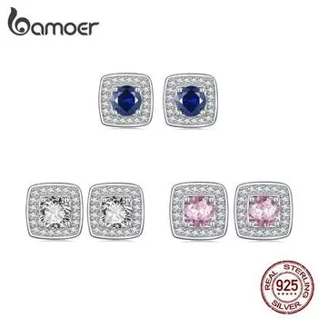 Женские серьги-гвоздики BAMOER из стерлингового серебра 925 пробы, синие, розовые, прозрачные, квадратные, с цирконием, изысканные модные украшения белый