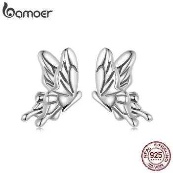 Женские серьги-гвоздики BAMOER из стерлингового серебра 925 пробы с яркими бабочками, винтажные гипоаллергенные серьги, модные ювелирные изделия, подарок SCE1762