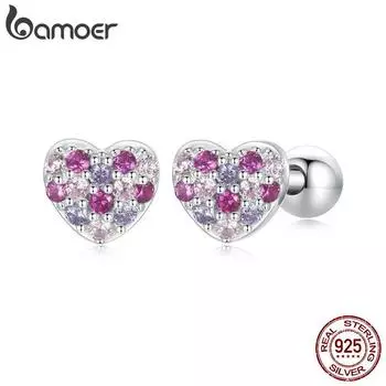 Женские серьги-гвоздики BAMOER из стерлингового серебра 925 пробы с радужным сердечком, винтажные вечерние серьги из белого золота с покрытием, изящные ювелирные изделия 5mm