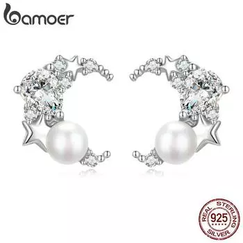Женские серьги-гвоздики BAMOER из стерлингового серебра 925 пробы с луной и жемчугом, изысканные ювелирные изделия, свадебный подарок, великолепные серьги с блестящим камнем