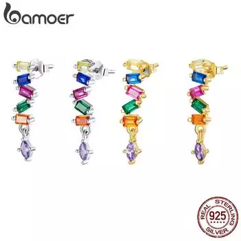 Женские серьги-гвоздики BAMOER из стерлингового серебра 925 пробы с радужным квадратным цирконием в форме полоски, модные украшения